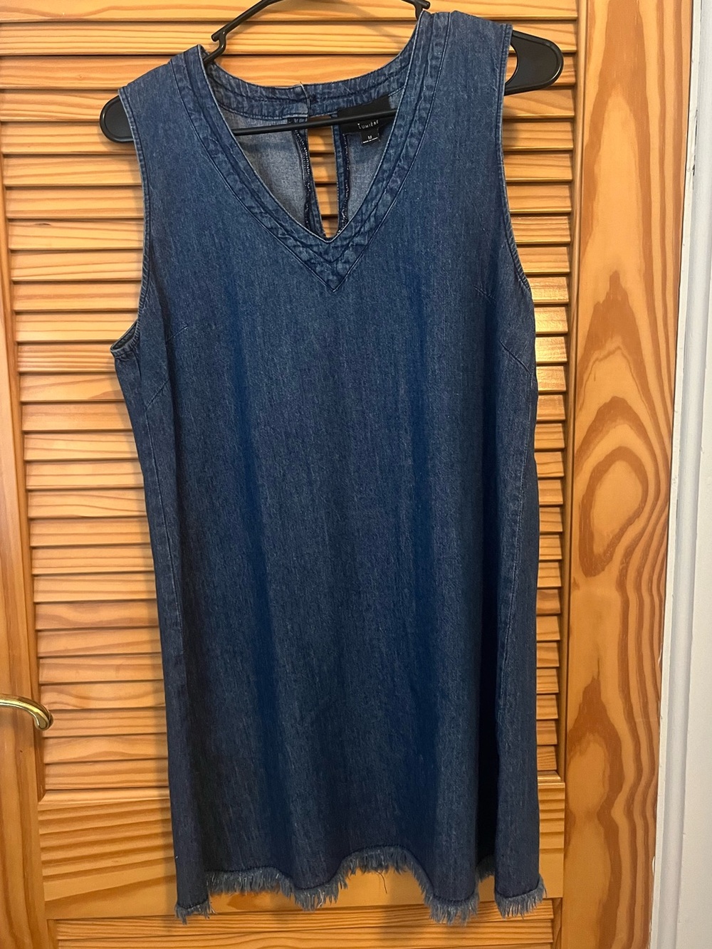 Lumière Medium Wash Denim Sleeveless Shift Dress Raw Hem